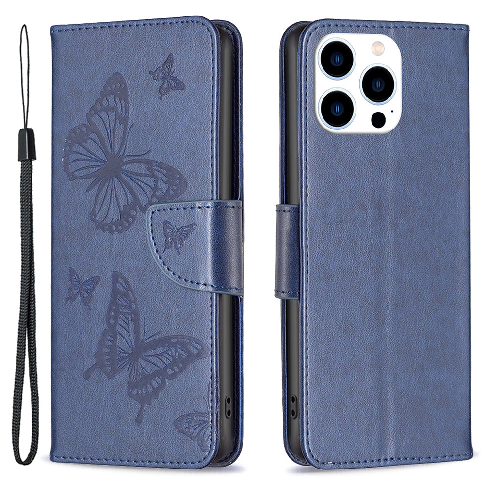 Uniqkart for iPhone 15 Pro Shockproof Phone Flip Case Butterfly Imprinted Leather Stand Wallet Cover with Strap - Blue Uniqkart for iPhone 15 Pro Shockproof Phone Flip Case Butterfly Imprinted Leather Stand Wallet Cover with Strap - Blue